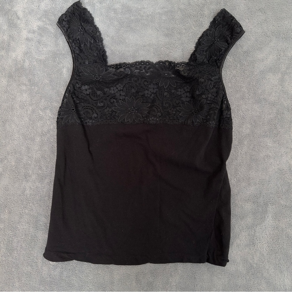 Gaviota Elegant Black Lace Tank Top square neck small made in USA